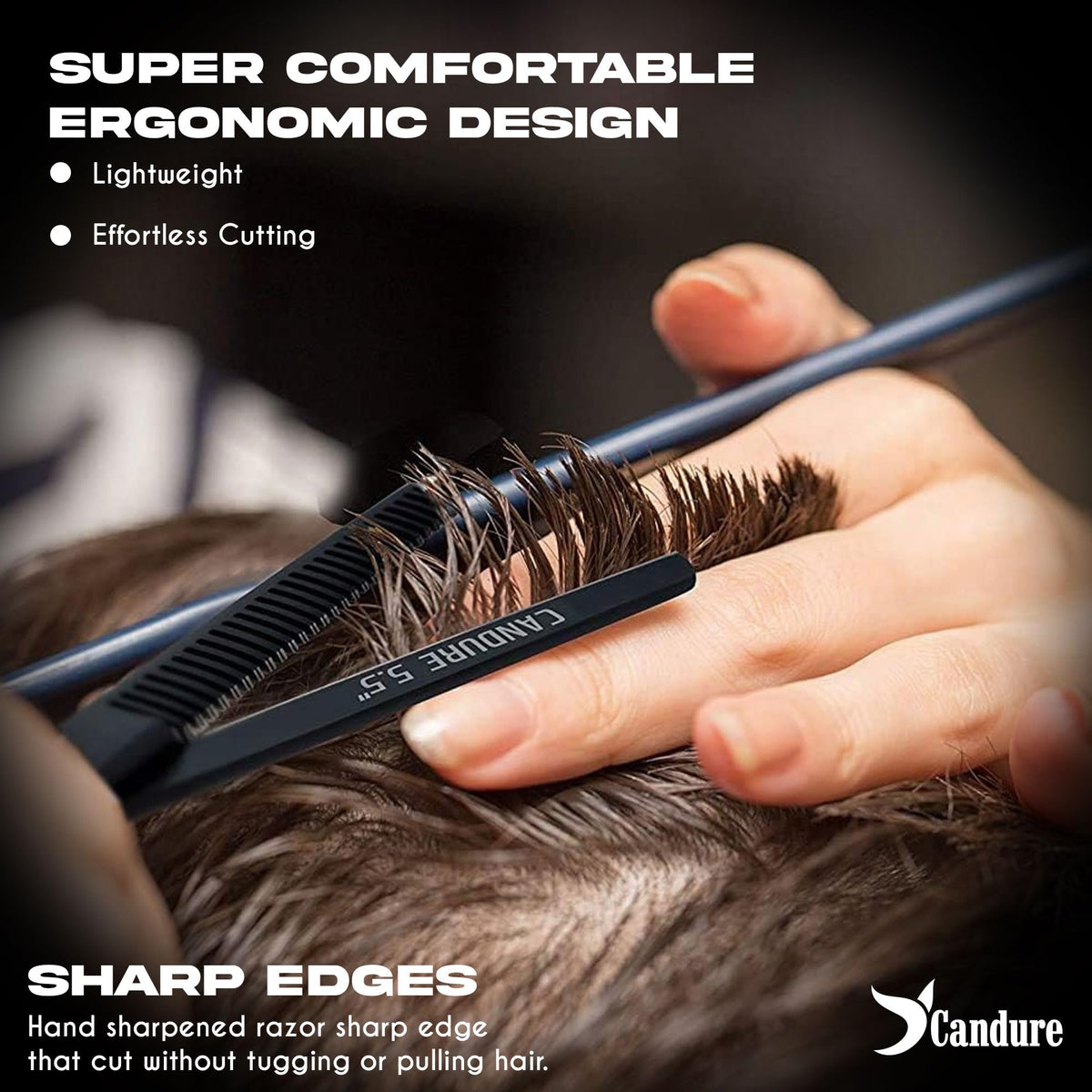 Candure Hairdressing Scissor with Comb & Leather Pouch 6.5" - Hair Scissor for Professional Hairdressers, Barbers Stainless Steel Hair Cutting Shears for Salon, Men, Women, Children and Adults Black