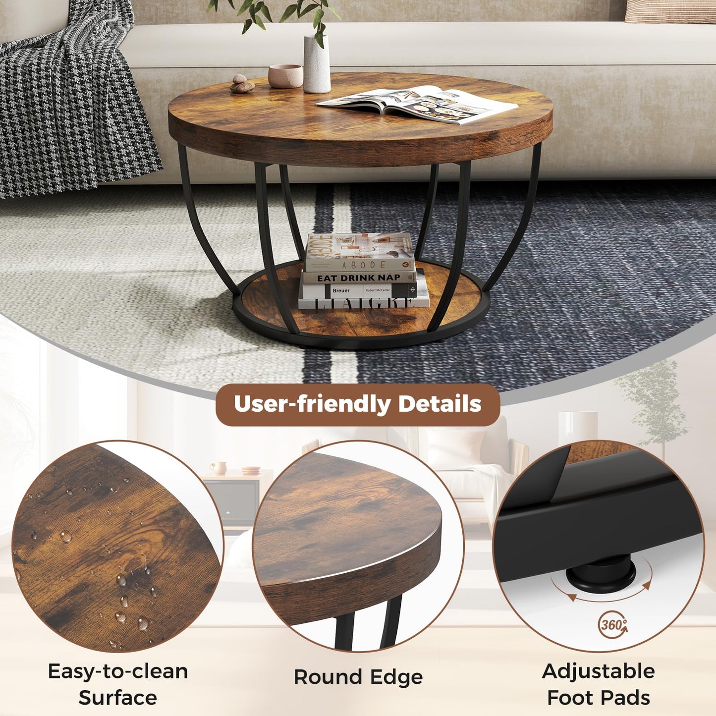 COSTWAY 2-Tier Round Coffee Table with Storage Shelf, Metal Frame Industrial Accent Cocktail Center Unit Sofa Side Tea Table for Living Room, Bedroom and Office, 80x80x45cm (Rustic Brown+Black)