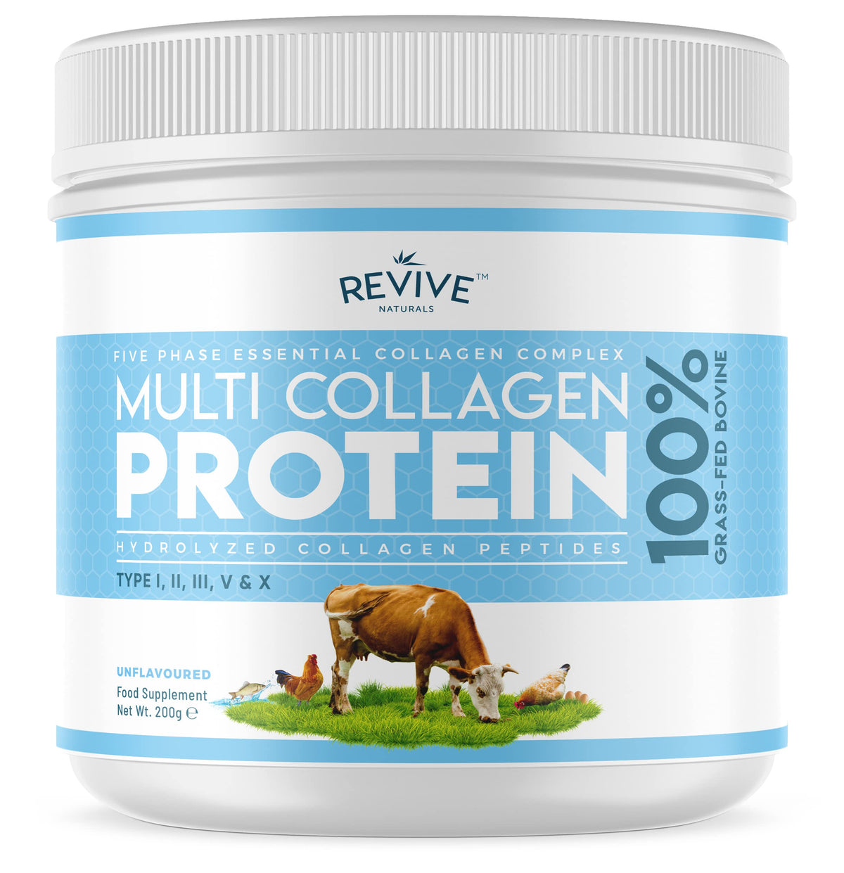 Multi Collagen Protein Powder 400g - Types I, II, III, V & X - Hydrolyzed Grass Fed Bovine, Wild Caught Fish, & Free-Range Chicken & Eggshell Collagen by Revive Naturals