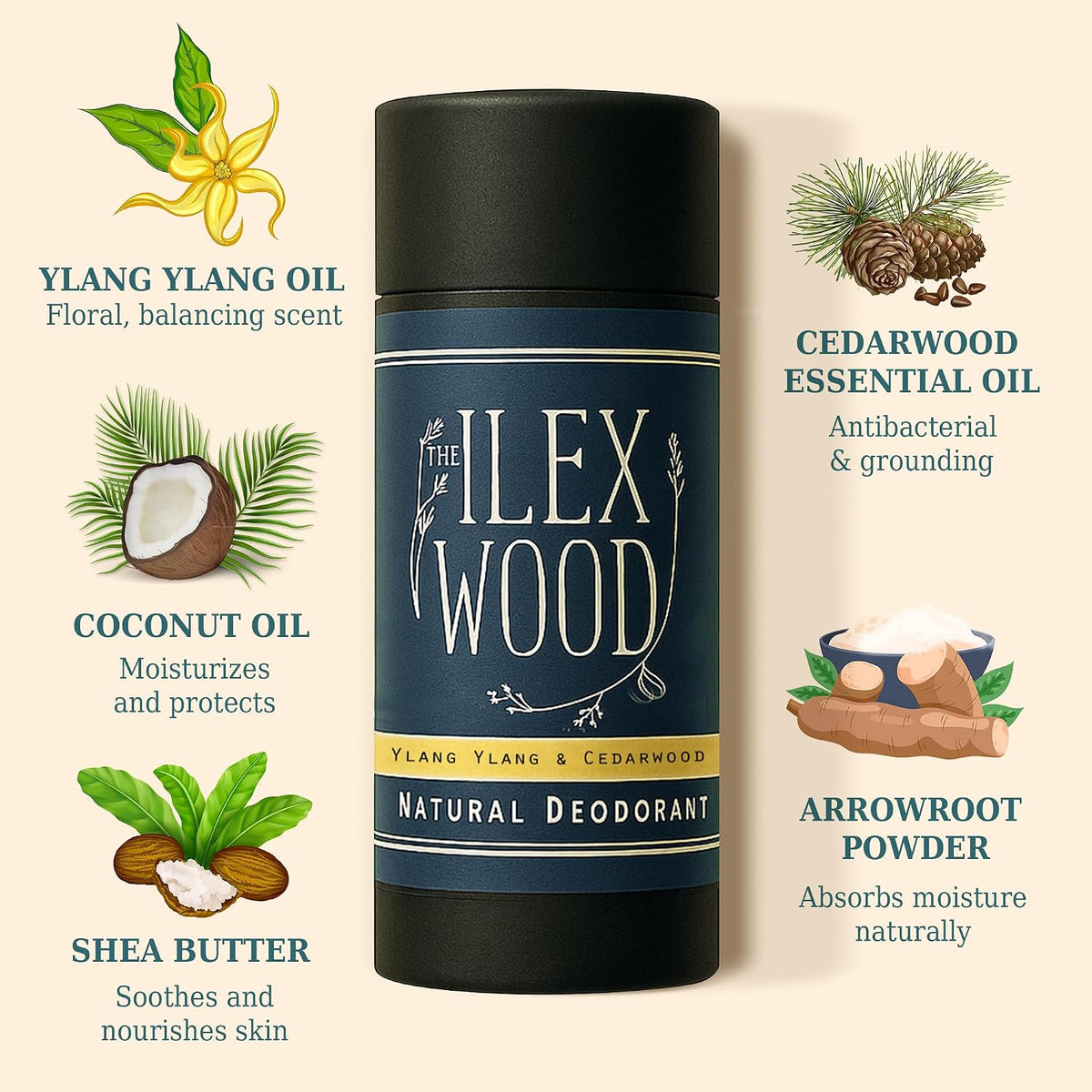 The Ilex Wood Natural Deodorant Stick - Ylang Ylang & Cedarwood - 70ml
