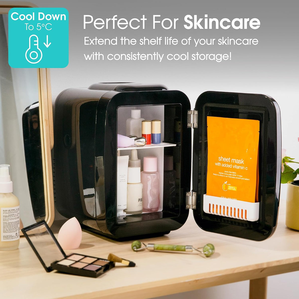 Abode Black Mini Fridge A4CLR201B 4L/6 Can Portable Thermoelectric Mini Cooler & Warmer for Drinks, Cosmetics/Makeup/Skincare, AC/DC Power, Retro Style, For Bedroom, Home, Caravan, Car
