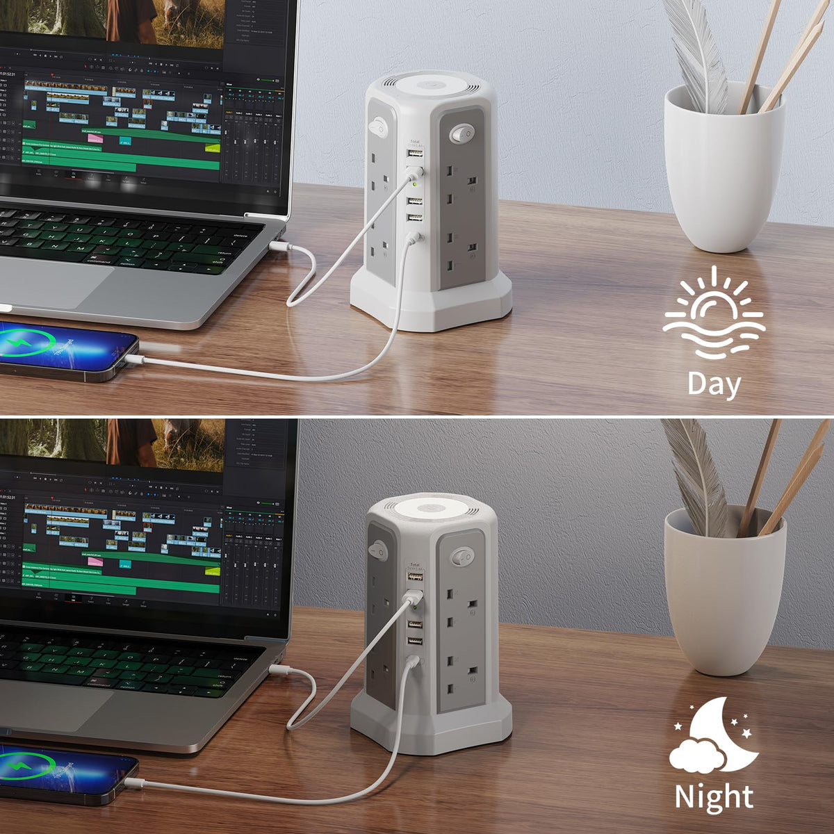 HAFINO Tower Extension Lead 3M with USB Slots and Night Light, 4 Switches