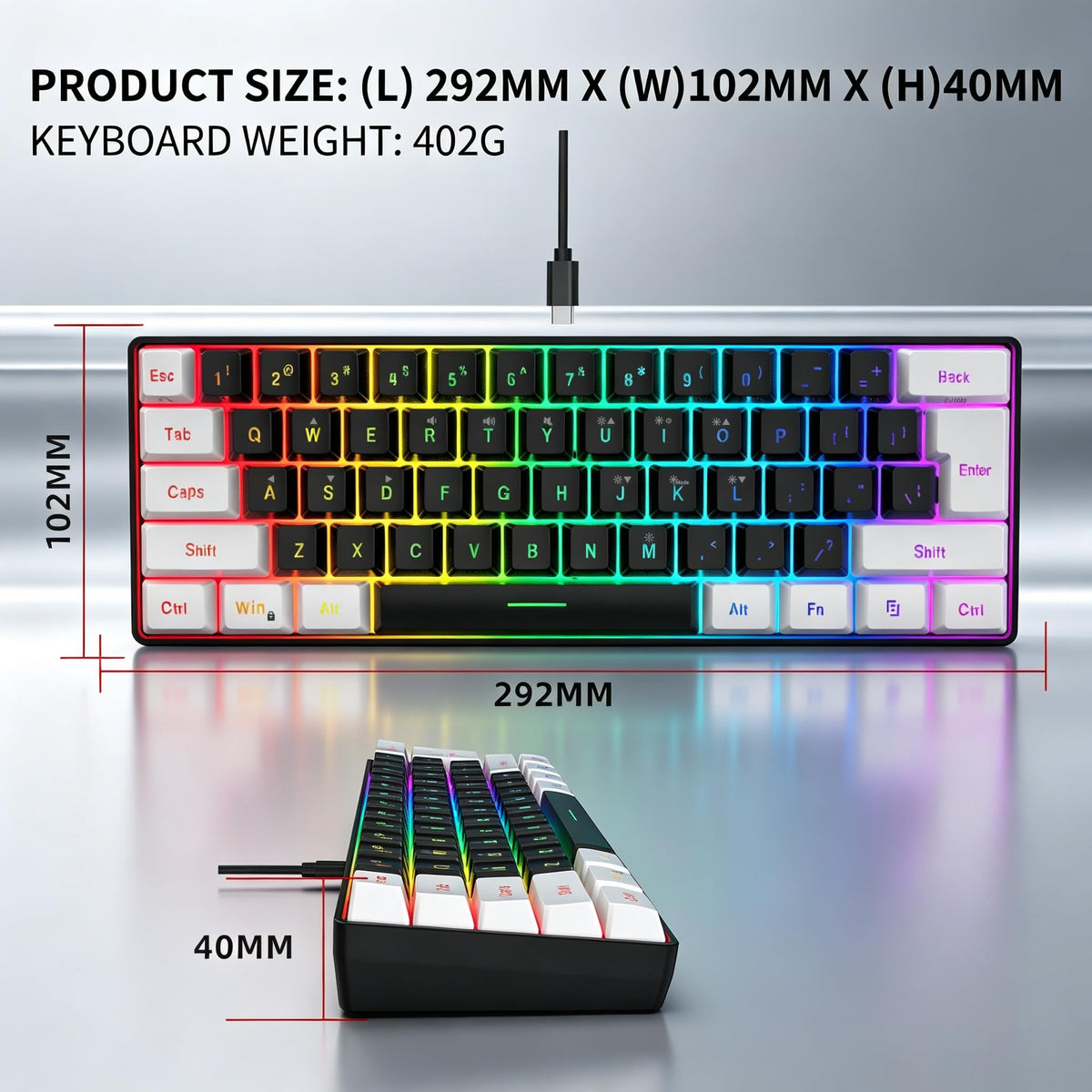 Snpurdiri Wired Mechanical Gaming Keyboard, 60% Size, LED Backlight, 61 Keys, Small Wired Office Keyboard for Windows Laptop/PC, Mac (Black-Red, Blue Switches)