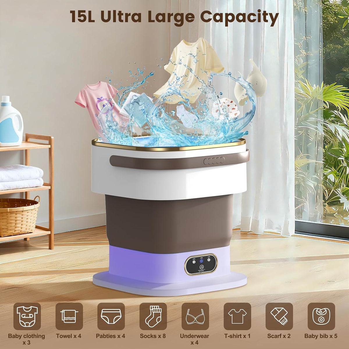 Mini Washing Machine, 15L Portable Washing Machine with Spin Dryer & 3 Cleaning Modes for Small Clothes, Foldable Portable Washer for Apartments, Dorms, Camping (Khaki)