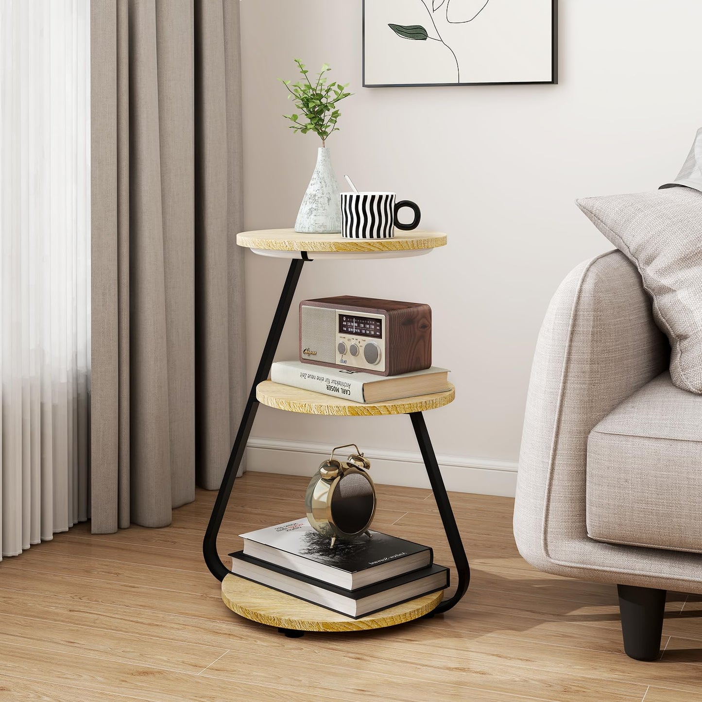ARTETHYS Side Table, Small Round Coffee Table with 3 Color LED Lights, End Table with 3 Tier Storage Shelves, Bedside Sofa Side Tables for Living Room Bedroom, Rustic Brown