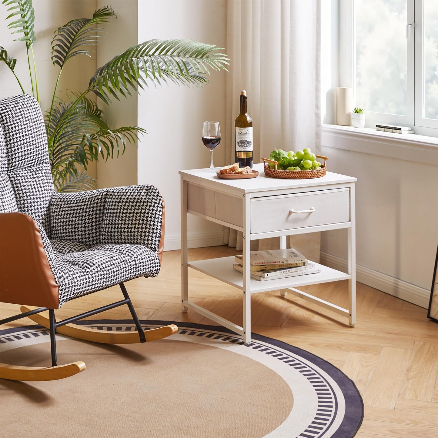 Aibiju Large Side Table for Living Room, Small Table Stand 20 Inch, Fridge Stand Printer Table with Fabric Drawer, Square Tea Coffee Table for Office, White YD-TM156W