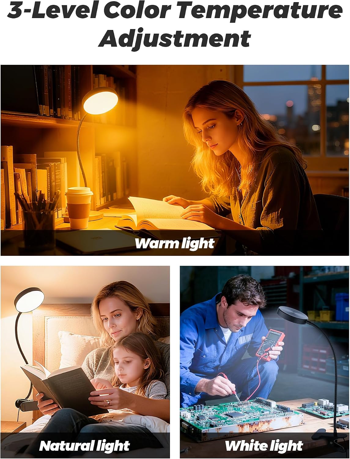 Reading Light,10 RGB Colors Desk Lamp with Clamp,10 Dimmable Clip on Light