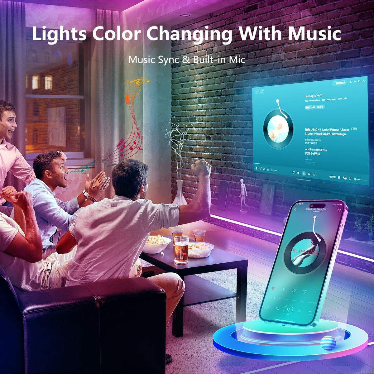 Led Strip Lights 1M/3.28ft, TV LED Backlight with Smart App Control Remote, 5050 RGB Music Sync Colour Changing, USB Smart LED Strip Light for TV,Computer, Monitor, Bedroom, Party and Home Decoration