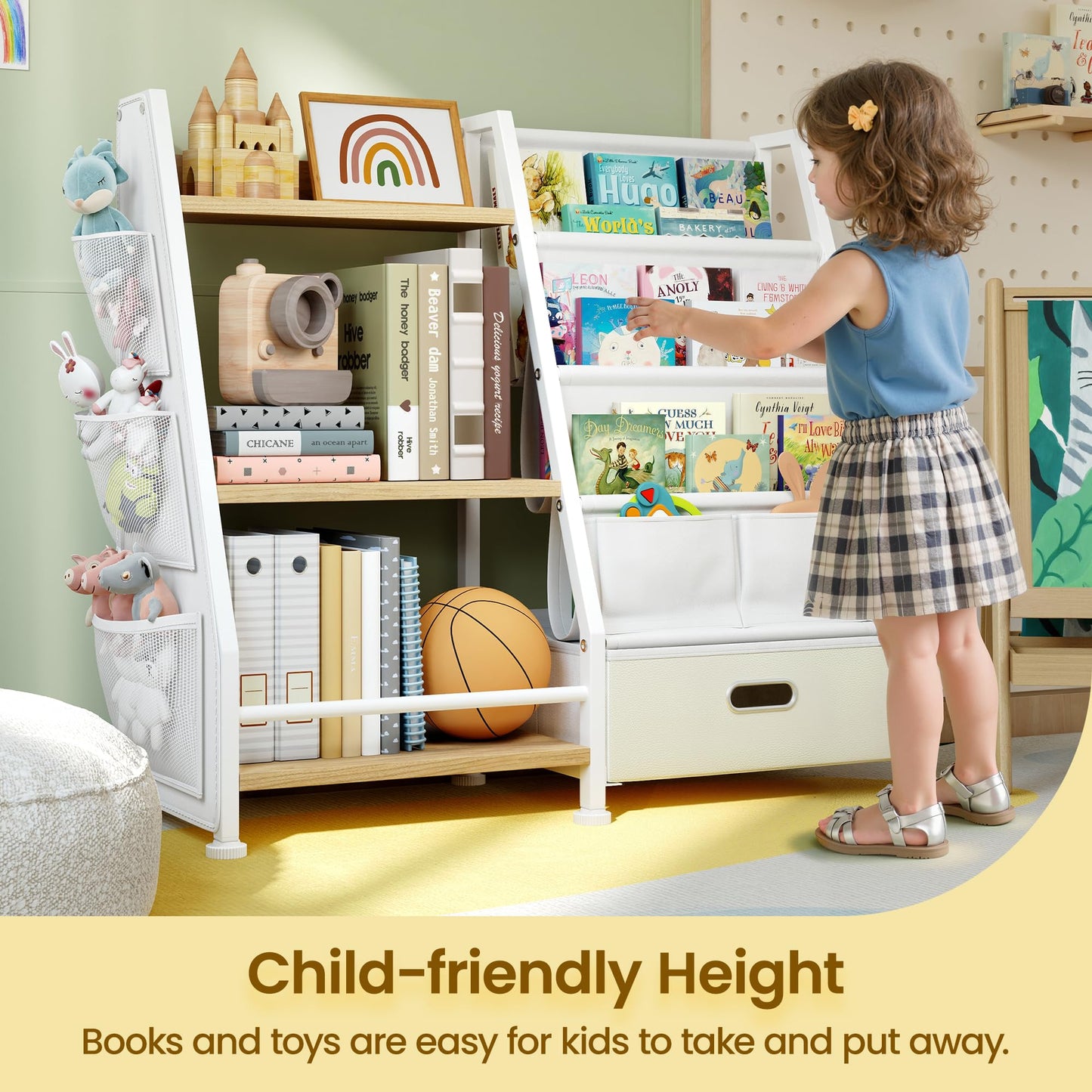 GoTiling Kids Bookshelf and Toy Storage Organizer: 3-Tier Sling Book Shelf with 3 Side Pockets for Kids Room - Toy Storage Organizer with 2 Fabric Drawers for Nursery, Bedroom, Playroom