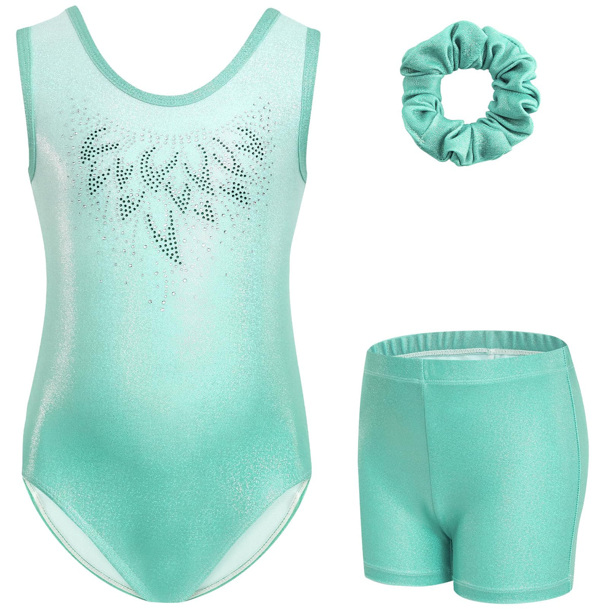 Gogokids Girls' Three-Piece Gymnastics Set, Sleeveless Leotards with Shorts and Hairband, Sparkling Ballet Dancing Unitards - Gymnastics Outfit with Gradient Color Design for 3-12 Years