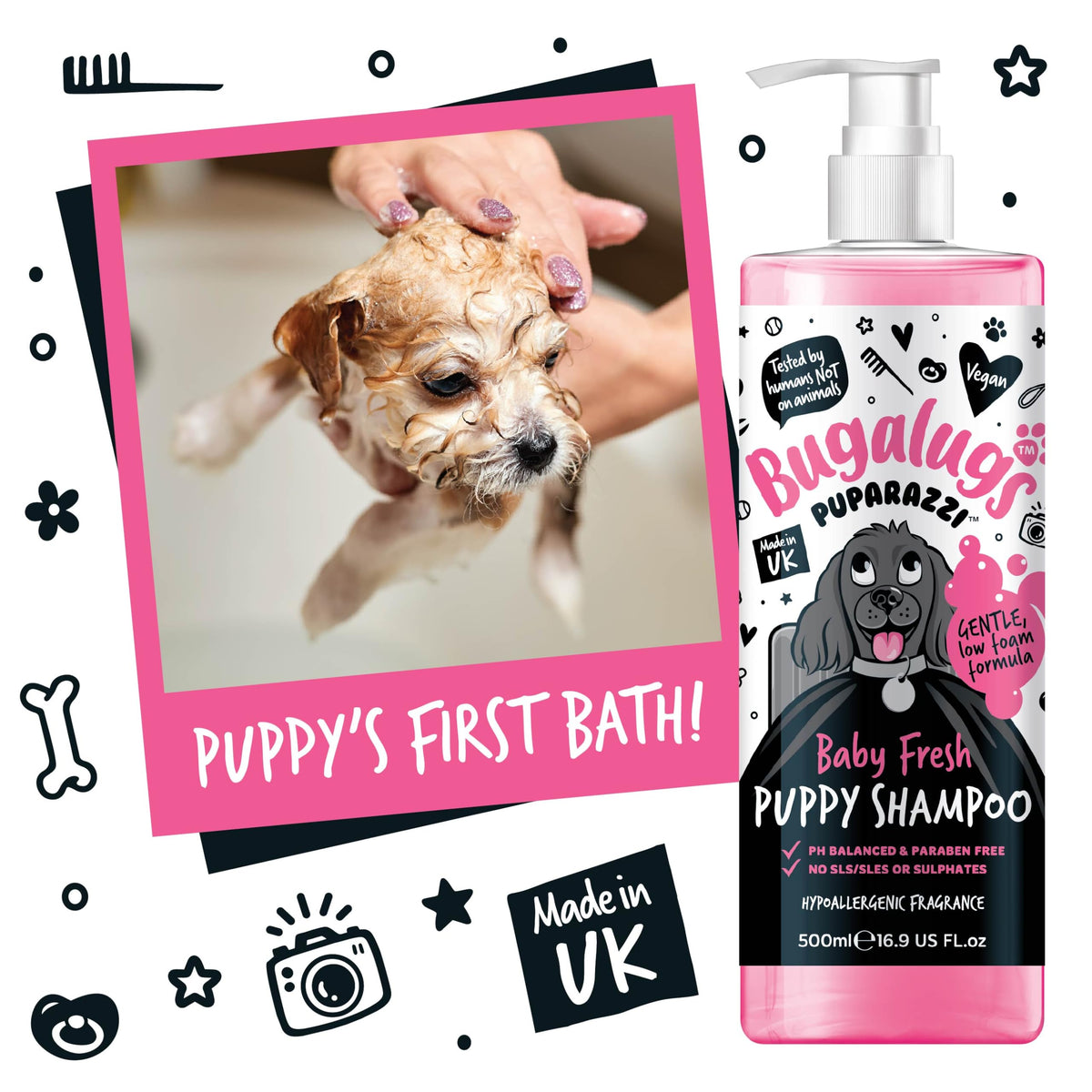 BUGALUGS Baby Fresh Dog Shampoo grooming products for smelly dogs with baby powder scent, best puppy shampoo, Vegan pet shampoo professional (625ml)