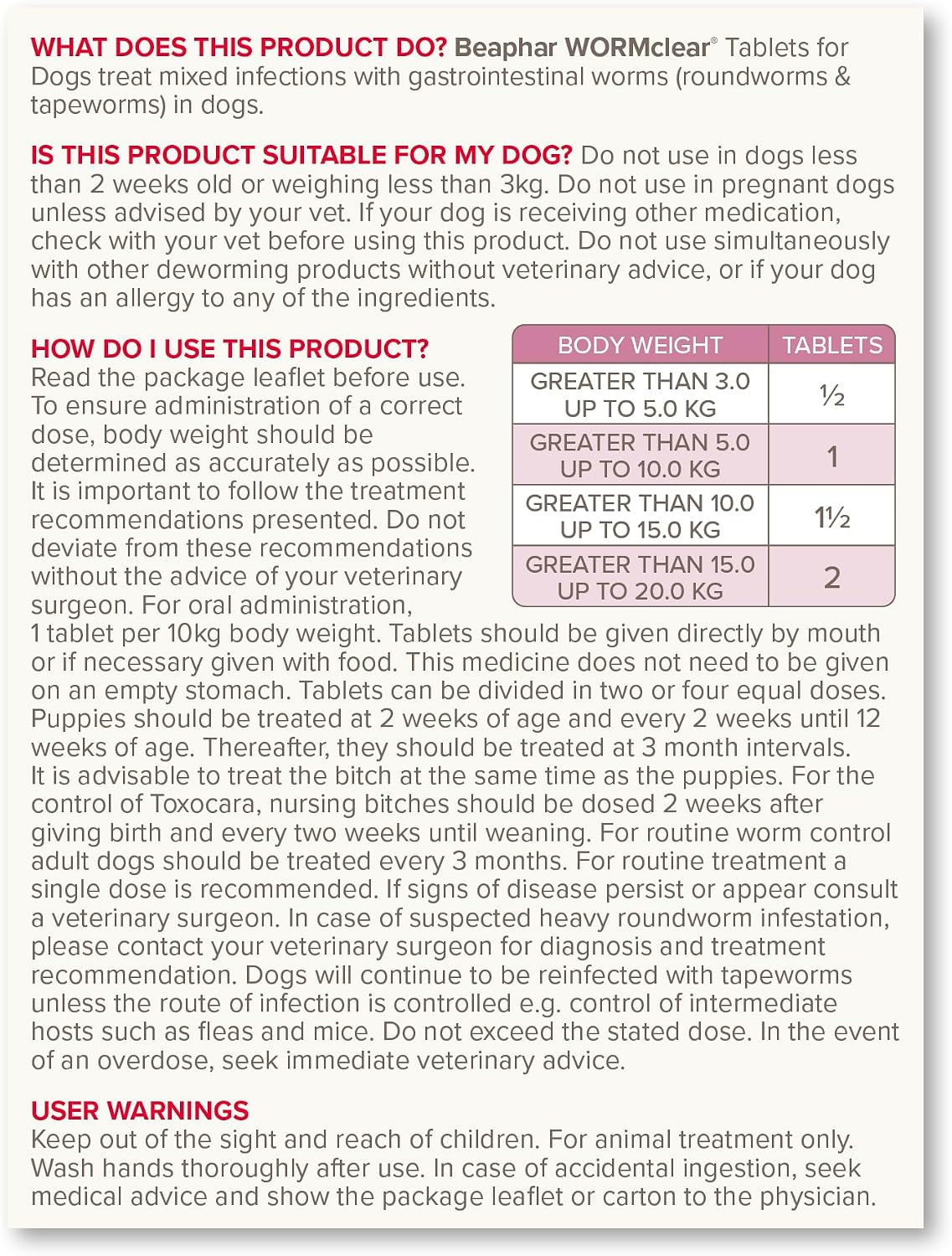 Beaphar - WORMclear® Tablets for Dogs up to 20kg - 2 Tablets - Kills All Common UK Intestinal Worms (Roundworms & Tapeworms) - Vet Strength Wormer - Pork-Flavoured - For dogs over 2 weeks old & 3kg