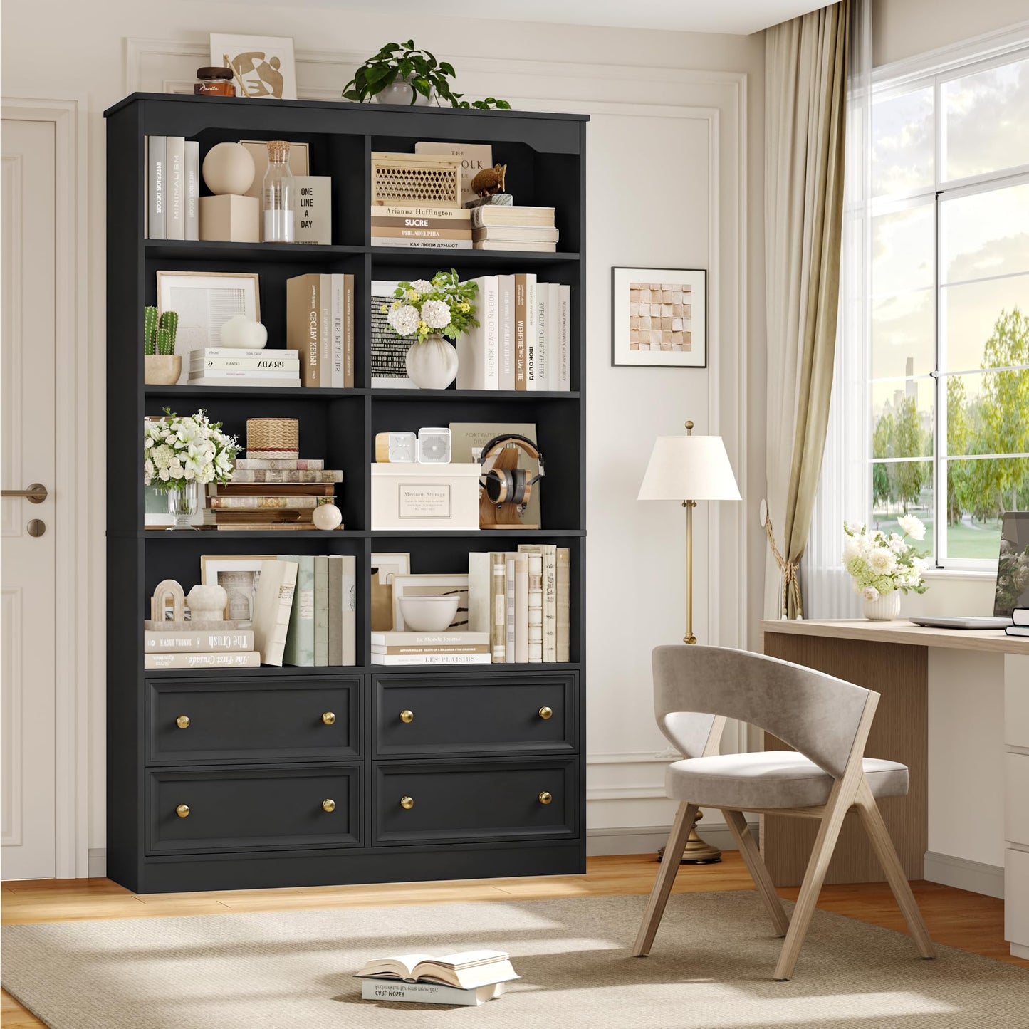 FirFurd Bookcase 180cm Tall Bookshelf with Drawers Living Room Bookcase 8 Open Compartments Free Standing Display Shelf Tall Shelving Unit for Home Office 180x100x30cm White