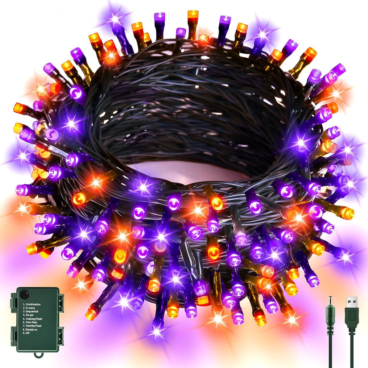 cshare Halloween Decorations Fairy Lights, 20Ft 60LED Orange-Purple USB/Battery String Lights with Timer Waterproof for Outdoor Indoor Autumn Fall Halloween Decorations-Green Wire