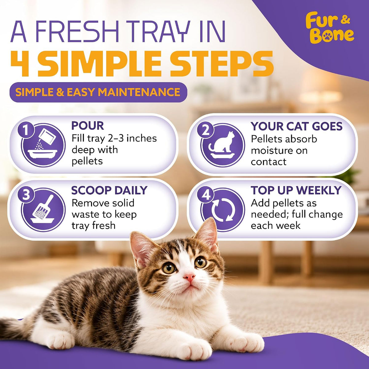 Fur & Bone Cat Litter Wooden Pellets 30L - Non-Clumping, Ultra-Absorbent