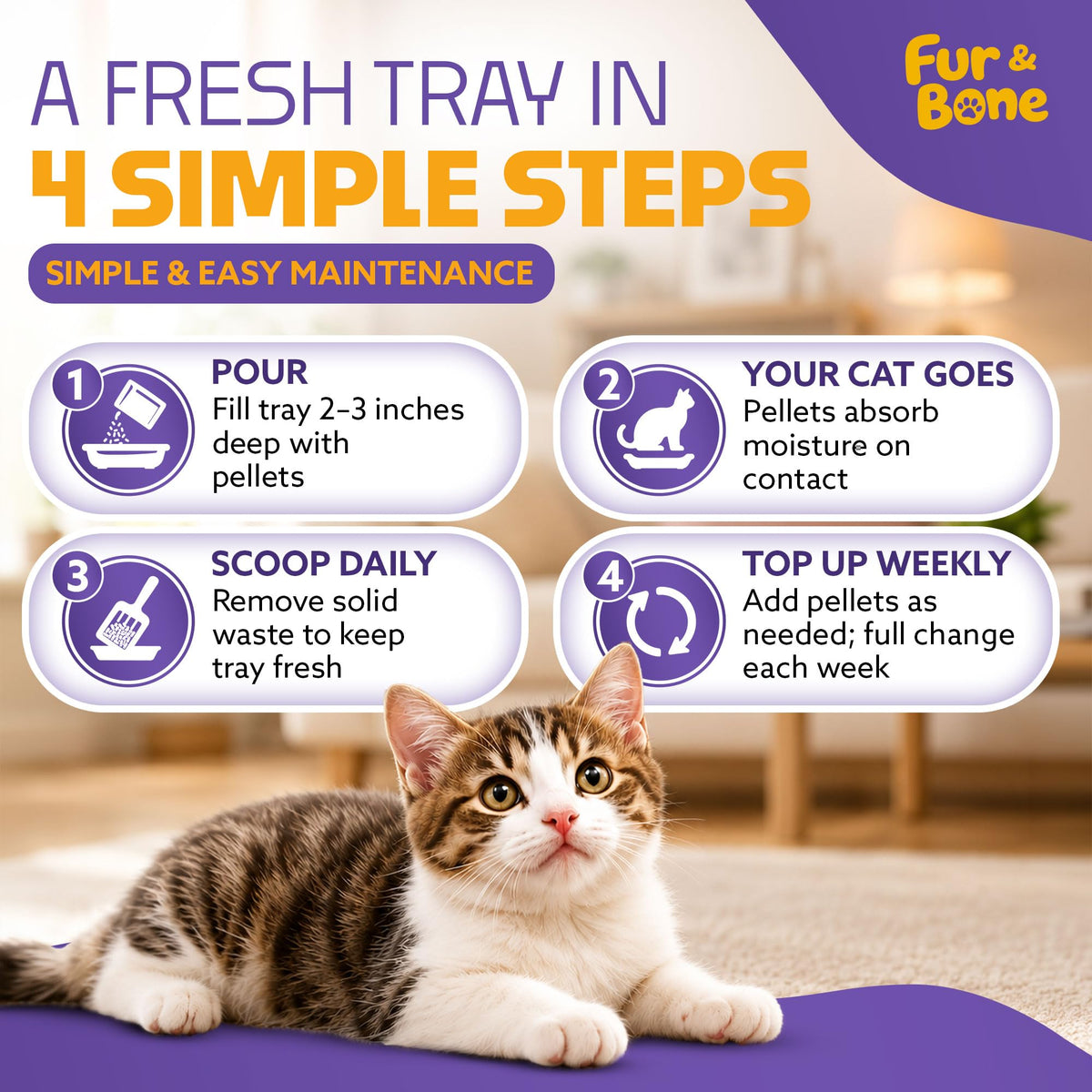 Fur & Bone Cat Litter Wooden Pellets 30L - Non-Clumping, Ultra-Absorbent