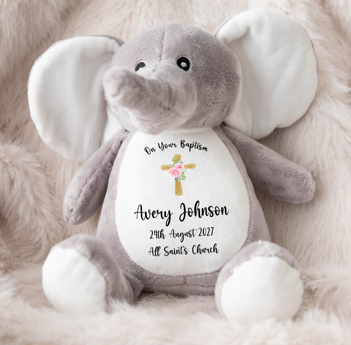 Crafted Memories - Personalised Bunny Rabbit | Custom Name & Date | Christening & Baptism Keepsake | Baby Girl & Boy | Soft Grey, White | Ideal 1st Birthday Present