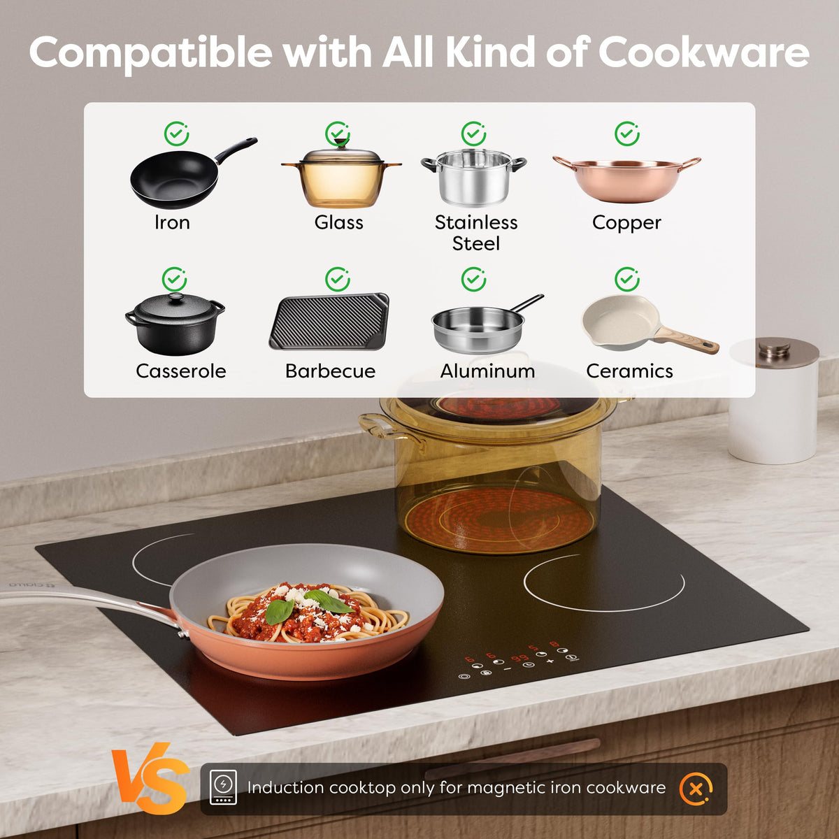 CDV 60cm Ceramic Hob 4 Zones 6400W Dual Ring Built-in Hardwired CDVER64B