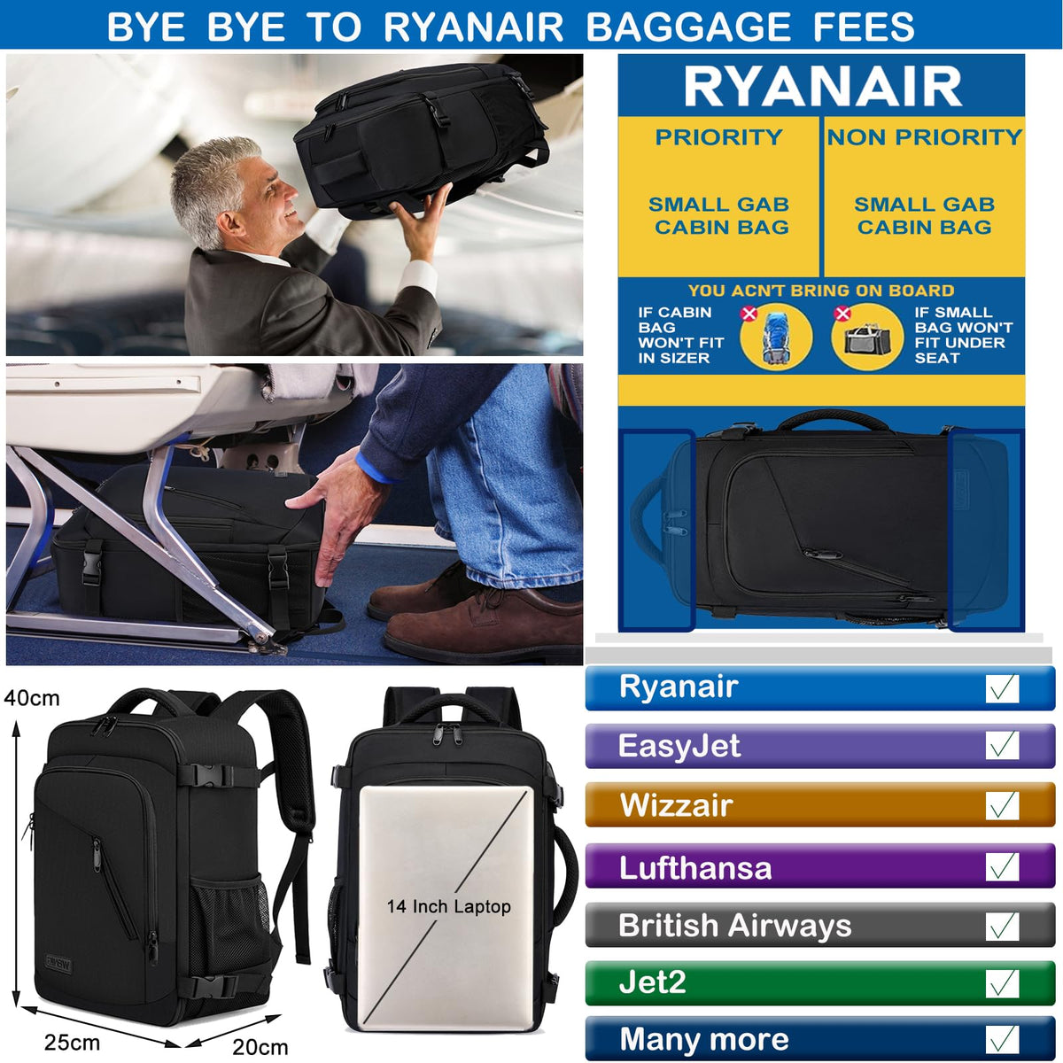 Ryanair Cabin Bags 40x30x20 Underseat 24L Small Travel Backpack Cabin Size
