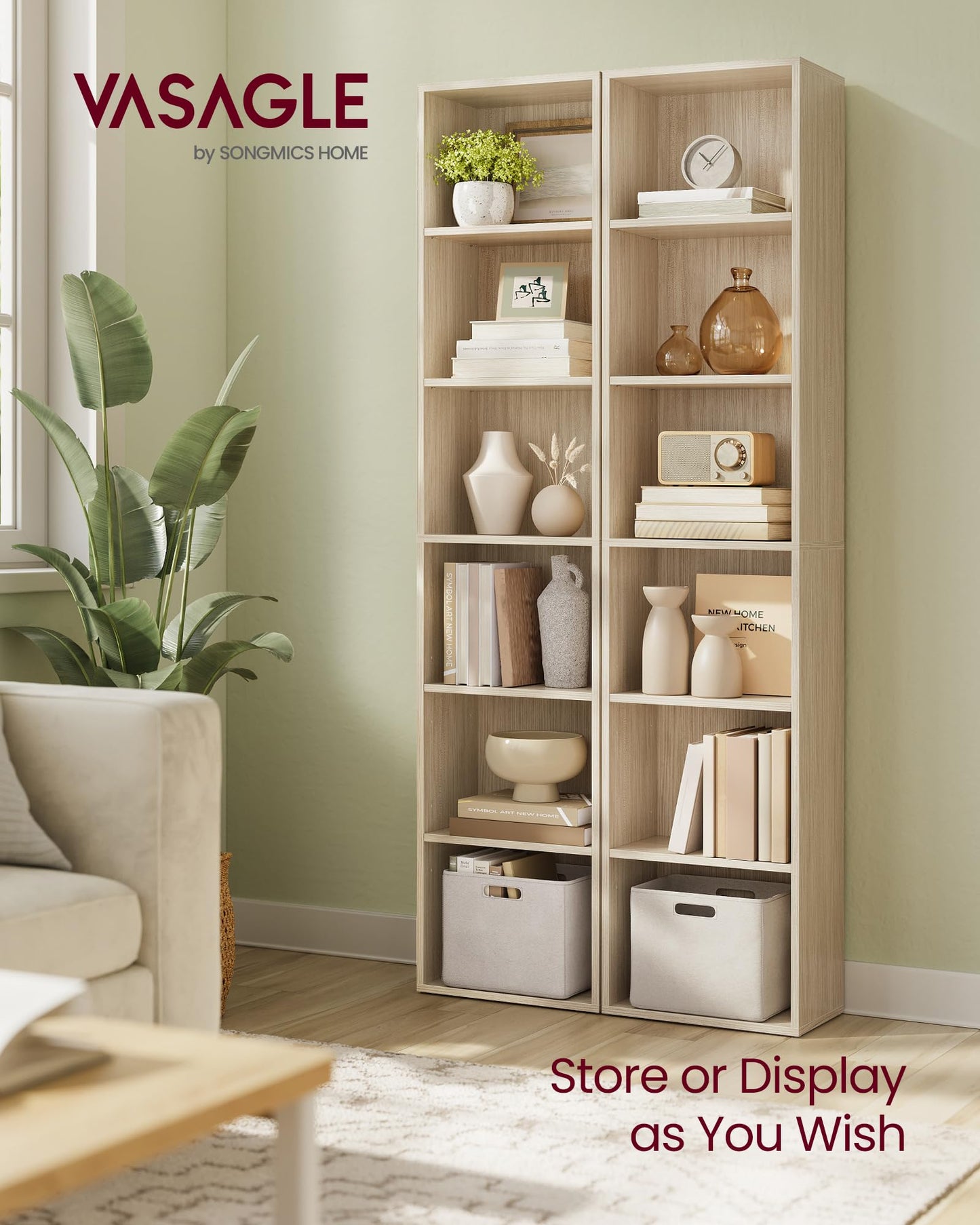 VASAGLE Bookcase, 6-Tier Bookshelf, Open Storage Shelf, Shelving Unit, 24 x 60 x 178.5 cm, for Living Room, Home Office, Dinning Room, Cloud White LBC169T14