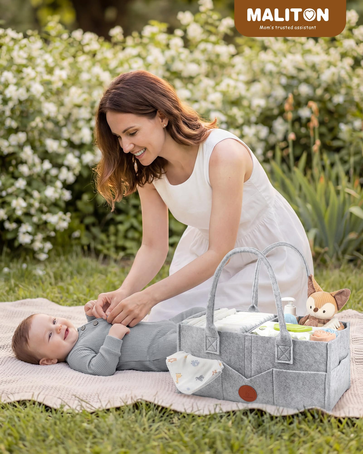 Maliton Nappy Caddy Organiser with 8 Pockets & Removable Dividers (Khaki)