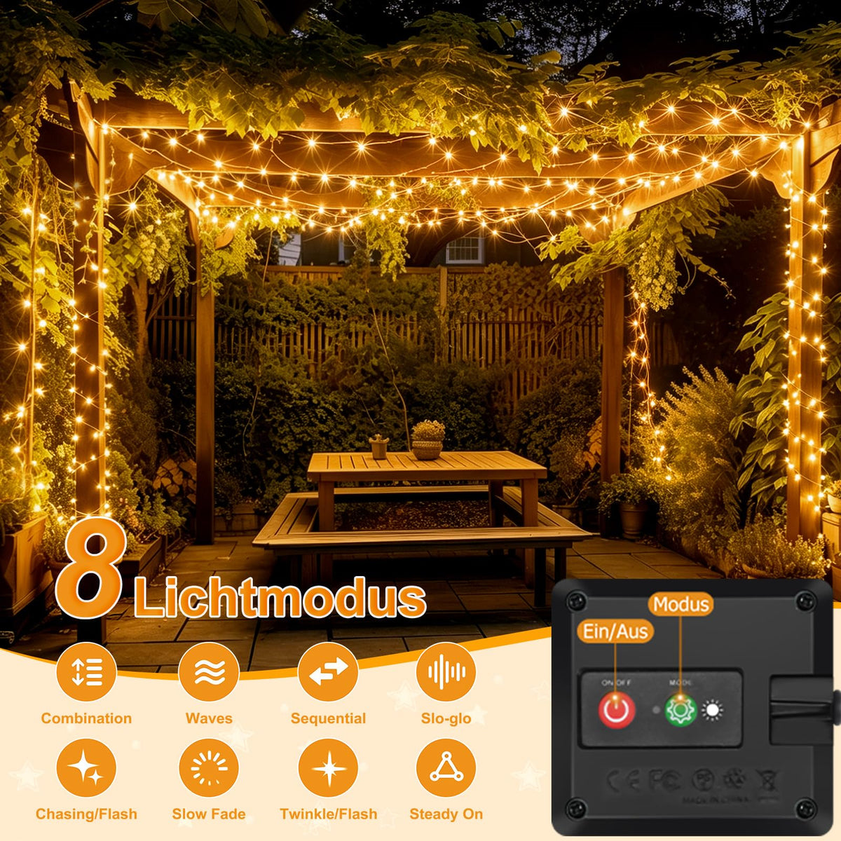 litogo 120 LED Solar String Lights Outdoor, 12M/40Ft 8 Modes Solars Garden Lights Waterproof Copper Wire Decorative Solar Fairy Lights for Patio, Gate, Yard, Trees, BBQ, Wedding, Party