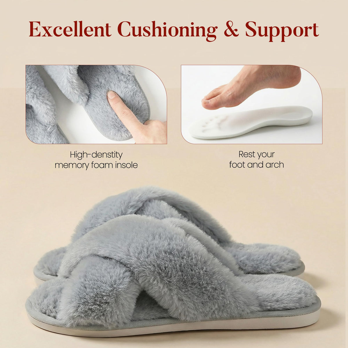 Ankis Women Slippers Fluffy Slippers Memory Foam, Cross Band Furry Open Toe Slippers Cozy Plush Home Shoes Indoor Outdoor Anti-Slide Slipper