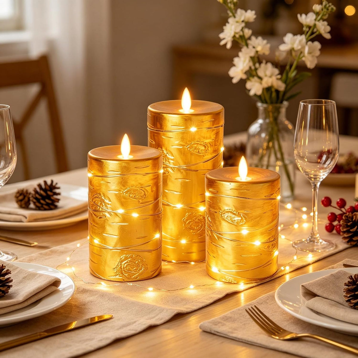 Da by 3 Pack Ivory Flameless LED Candles with Fairy Lights, Realistic Moving Flame Paraffin Wax Candles, Remote Control, Soft Warm Light, 8cm D x 12.5/14.5/16.5cm H, Indoor Wedding Home Decor