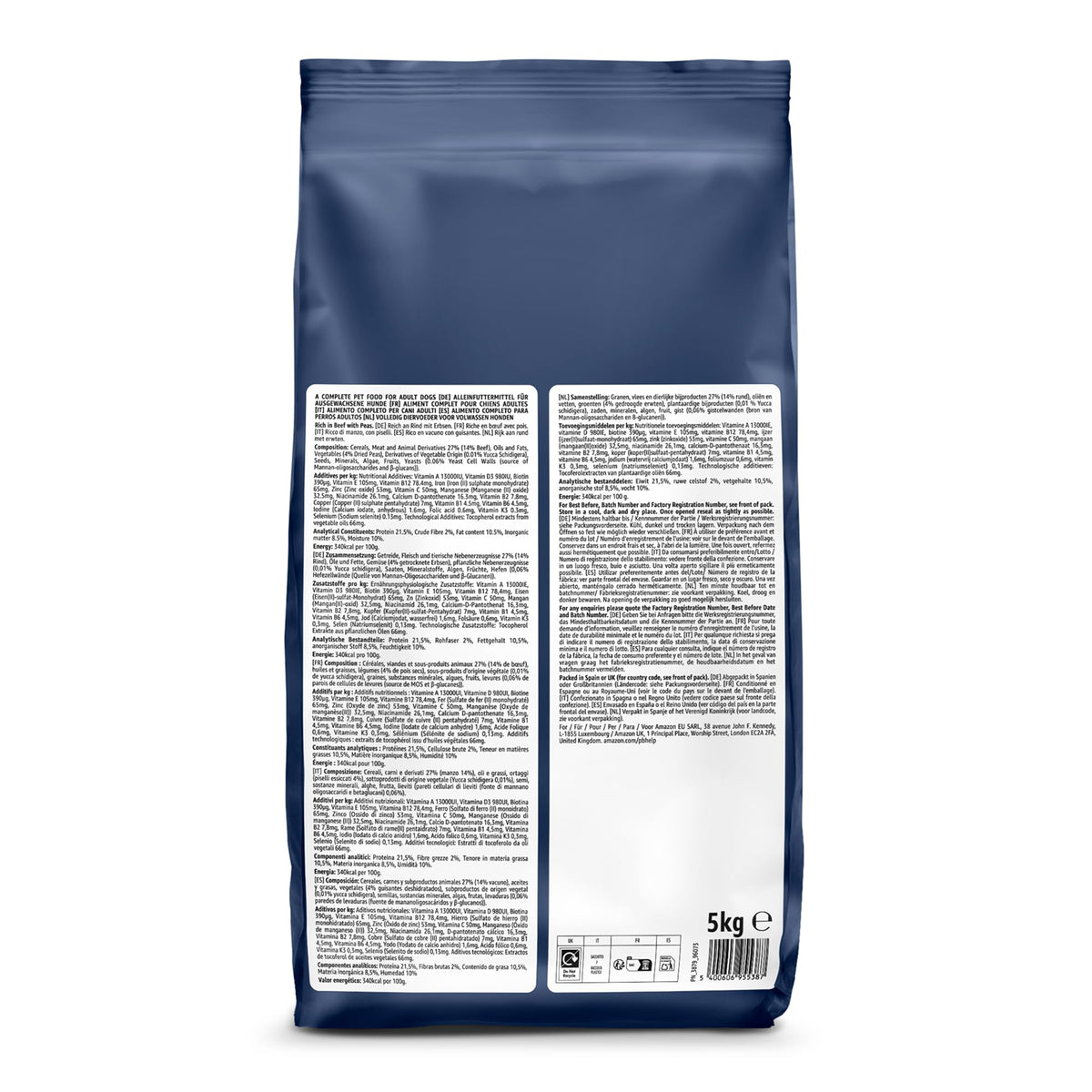 by Amazon - Complete Dry Dog Food for Adult Dogs, Rich in Beef with Peas, 2 Pack of 5kg