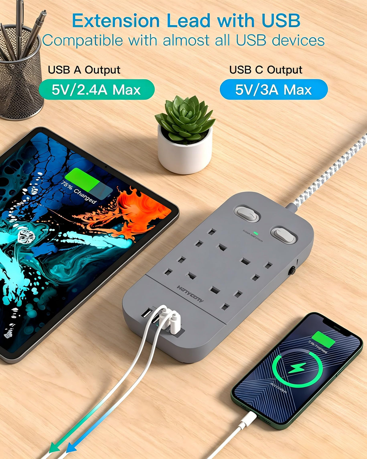 5M Extension Lead Surge Protected, 4 Way Outlets with 2 USB C & 2 USB A