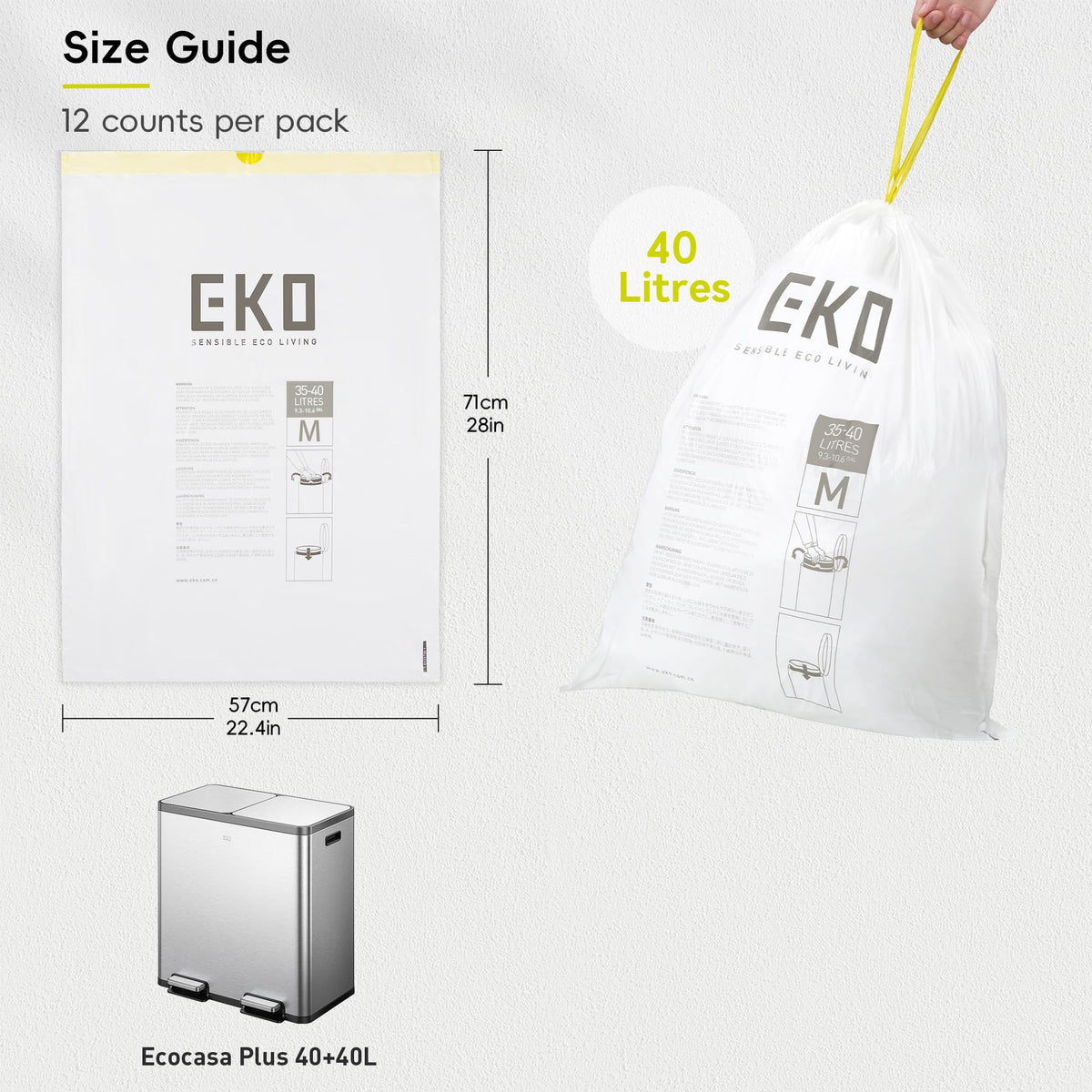EKO Bin Bags, Kitchen Bin Liners, Drawstring, 40-60 Litre, 12 Count, Code F