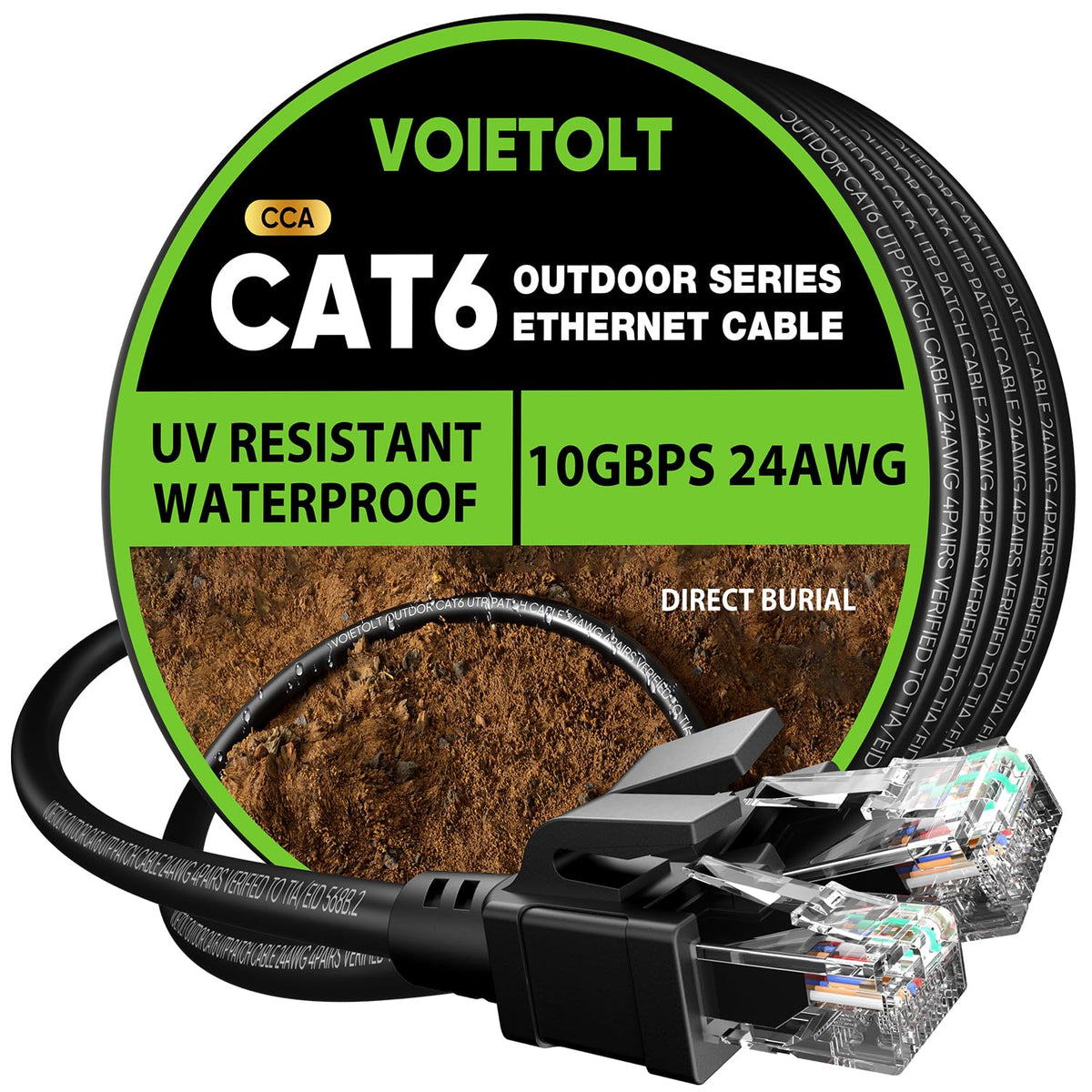 Outdoor Cat 6 Ethernet Cable 75m, Water Resistant Direct Burial LLDPE UV Jacket - 24AWG 10Gbps High Speed Gigabit Internet Network Cable - CCA, UTP with 80 Ties - Black