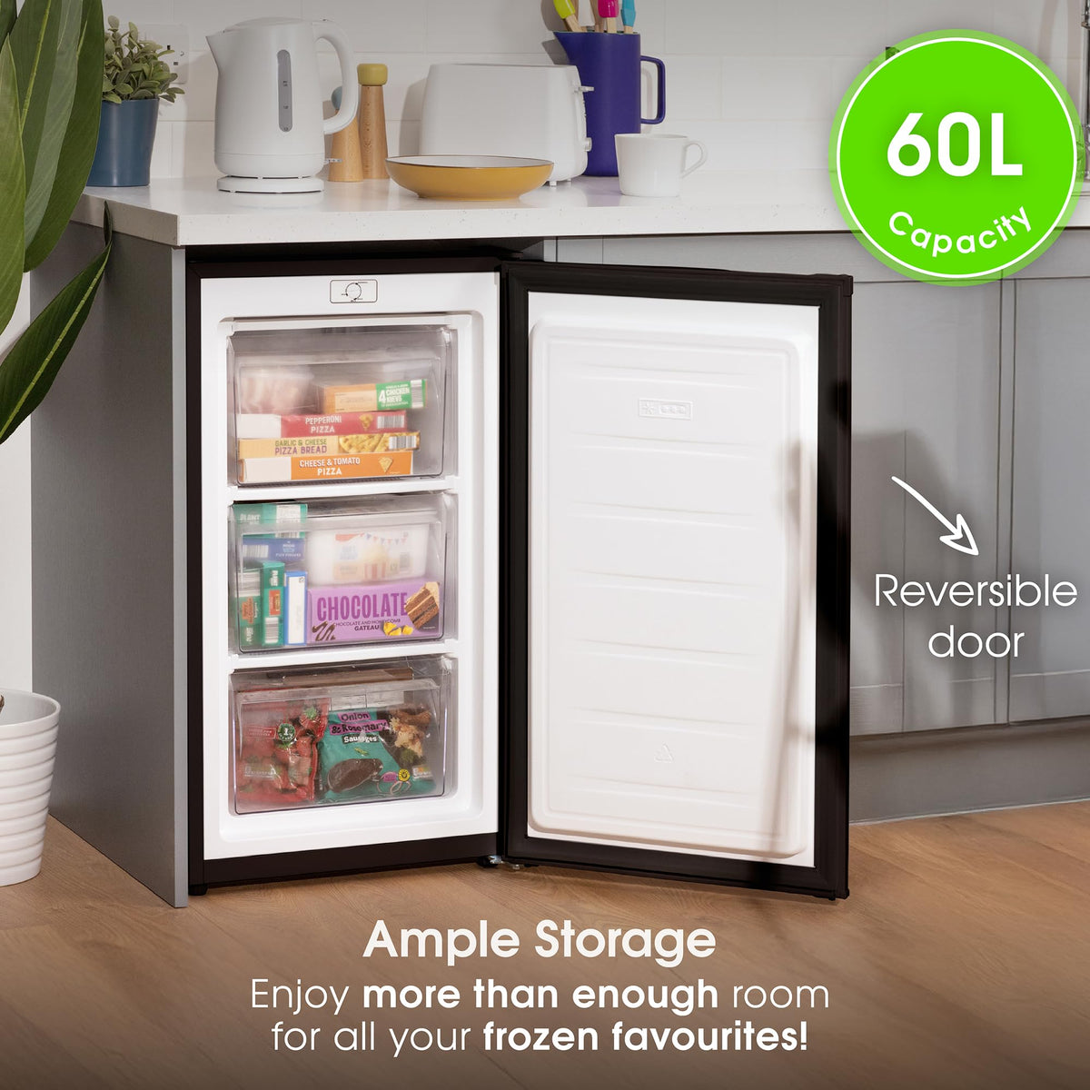 Abode Under Counter Freezer 55cm Wide Freestanding White 91 Litre with 4 Drawers, Adjustable Feet & Reversible Door, 4 Star Freezer, Suitable for Garages & Outbuildings A85UCFZ552E1W (White, 55 cm)