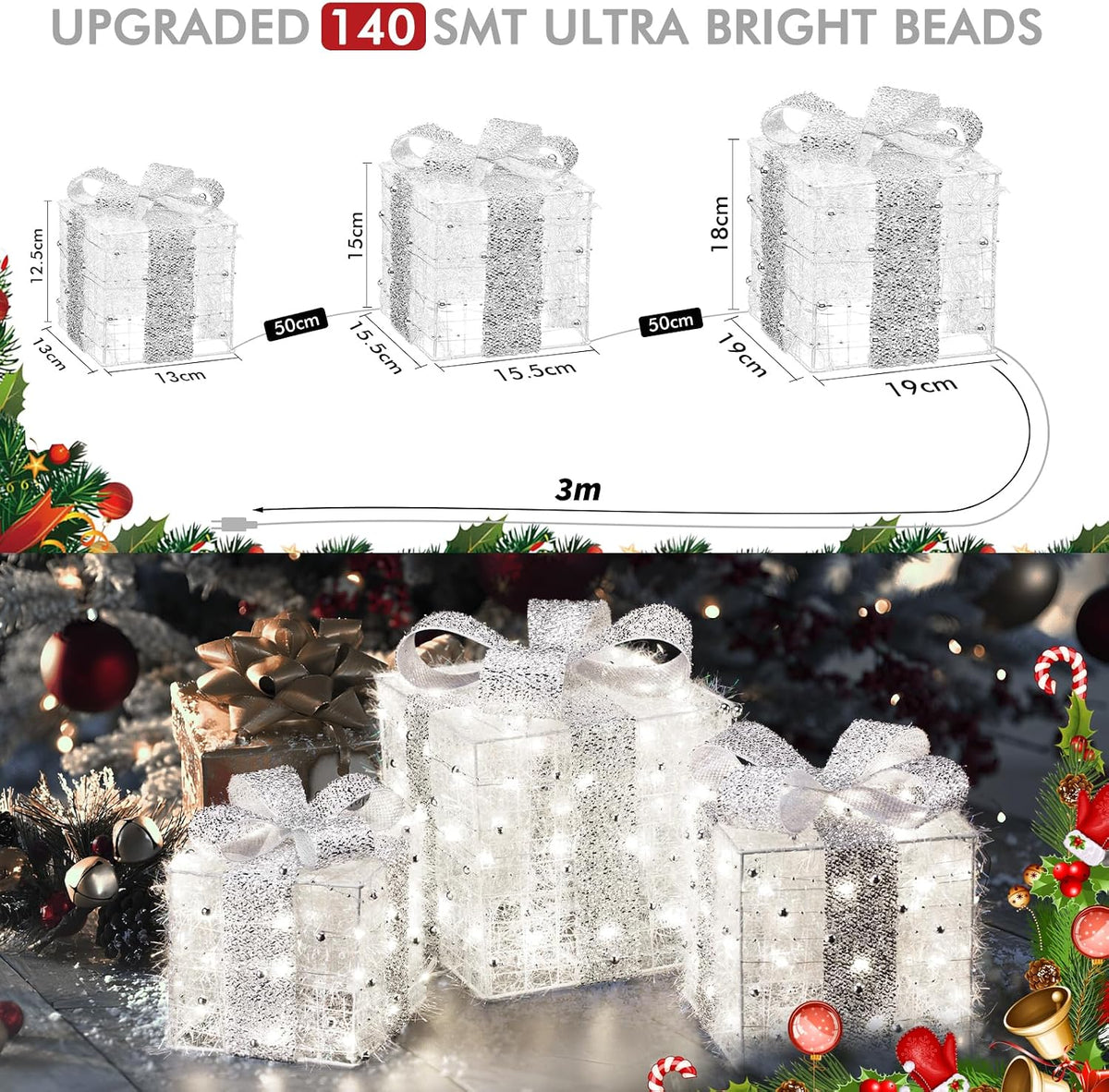 Light up Present Boxes Christmas 140LED, 3 Christmas Parcel Lights