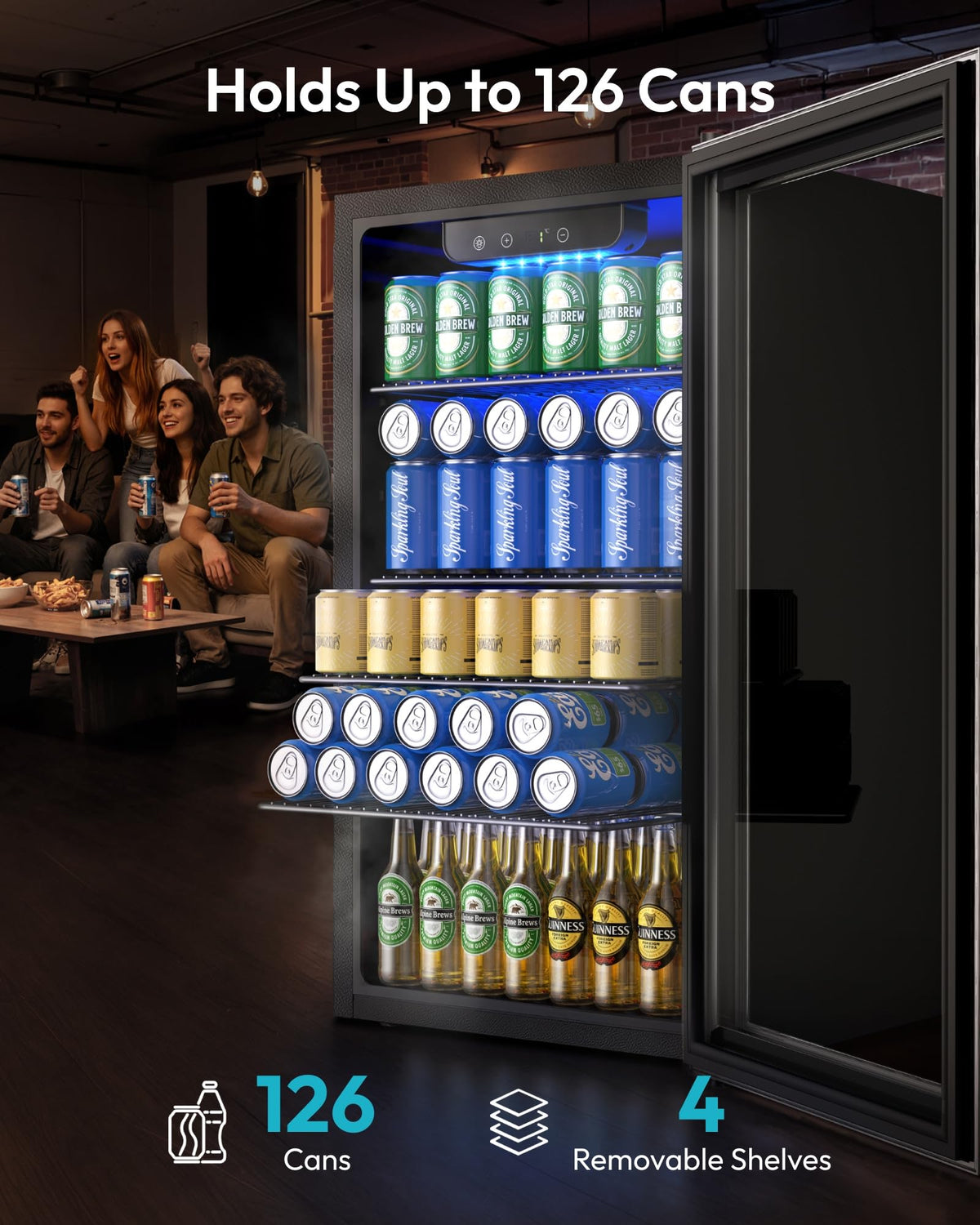 EUHOMY 93L Drinks Fridge, 126 Can Beer Fridge with Glass Door, Wine fridge with Adjustable Shelves for Soda Beer or Wine, Home/Bar/Office, Black, Steel, One-Touch Control [Energy Class F]