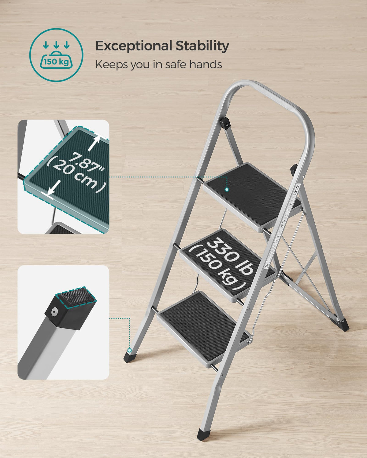 SONGMICS 2-Step Ladder, Folding Step Ladder, Safety, Holds up to 150KG