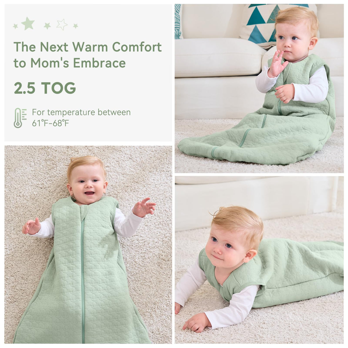 Unnivoll Baby Sleeping Bag 2.5 Tog 0-6 Months 100% Cotton Winter Sleeping Bag Baby 2-Way Zipper Quilted Sleep Sack for Newbron Infant Warm Soft Apricot