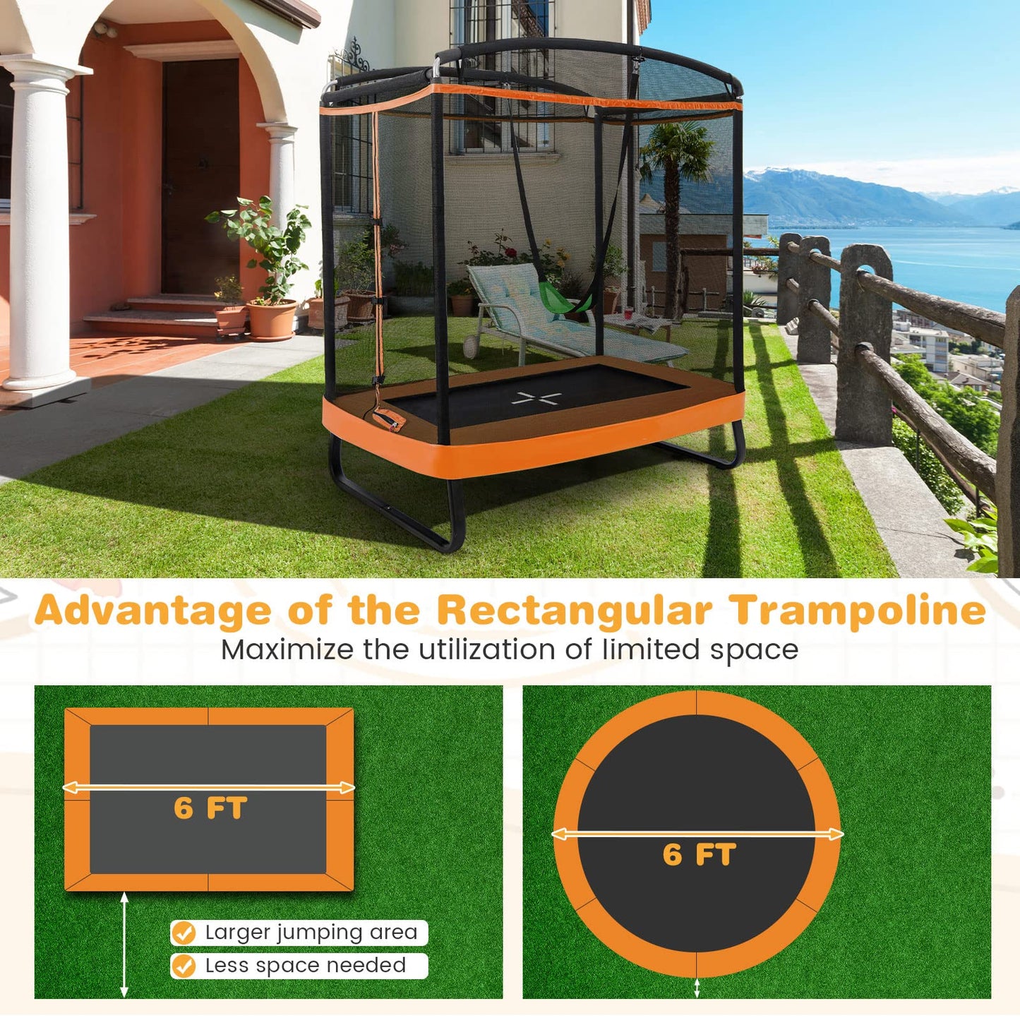 COSTWAY 6FT Kids Trampoline, 2 in 1 Toddler Trampolines with Swing and Enclosure Safety Net, Rectangle Trampoline for Outdoor