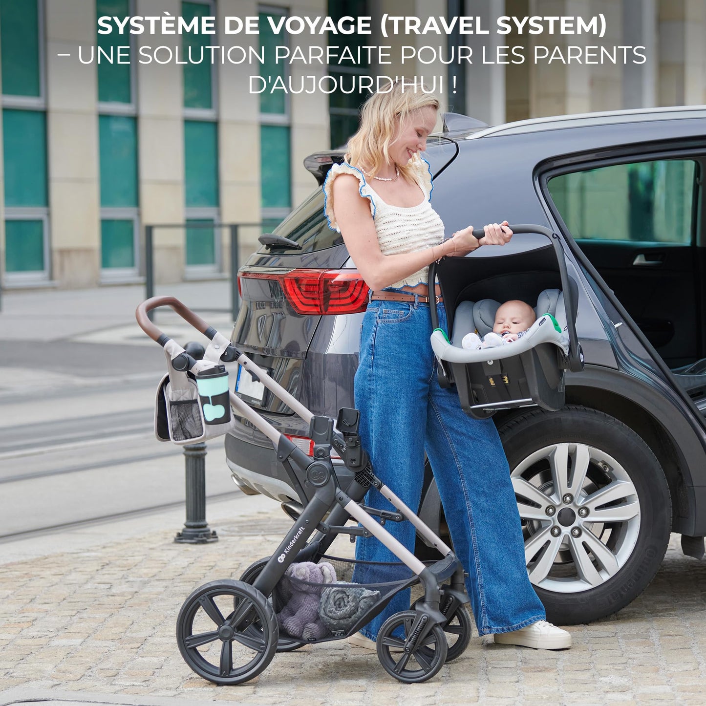 Kinderkraft MOOV 2 AIR 4 in 1 Set, Pram with Infant Car Seat with Isofix Base Mink PRO I-Size, Travel System, Baby Pushchair, Buggy, Foldable, from Birth to 22 kg, Inflatable Wheels, Gray