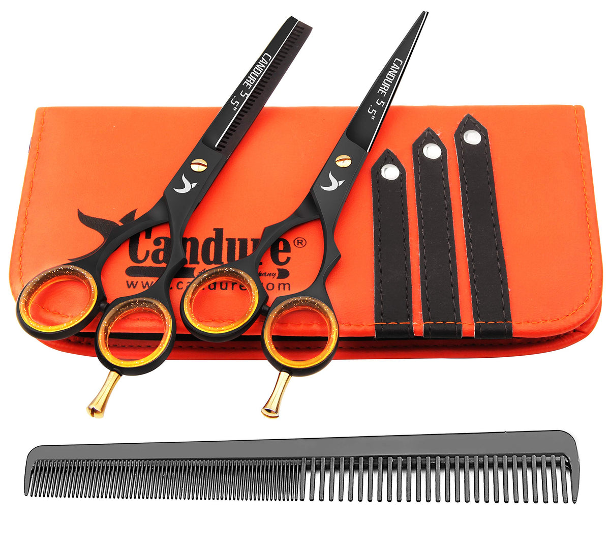 Candure Hairdressing Scissor with Comb & Leather Pouch 6.5" - Hair Scissor for Professional Hairdressers, Barbers Stainless Steel Hair Cutting Shears for Salon, Men, Women, Children and Adults Black