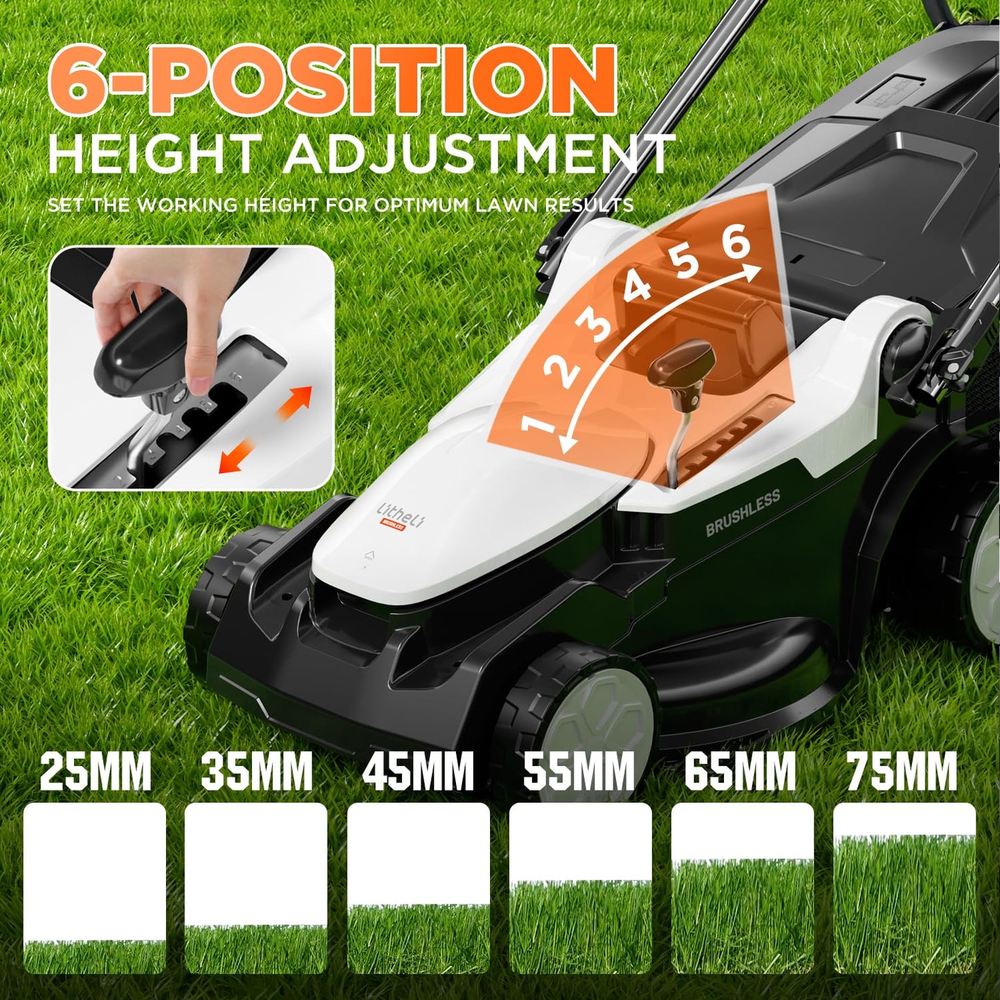 Litheli Cordless Lawnmower, 20V/33cm Cutting Width, Brushless Motor, Battery Lawn Mower, 5 Cutting Heights, 30L Grass Box, Incl. 4.0Ah Battery