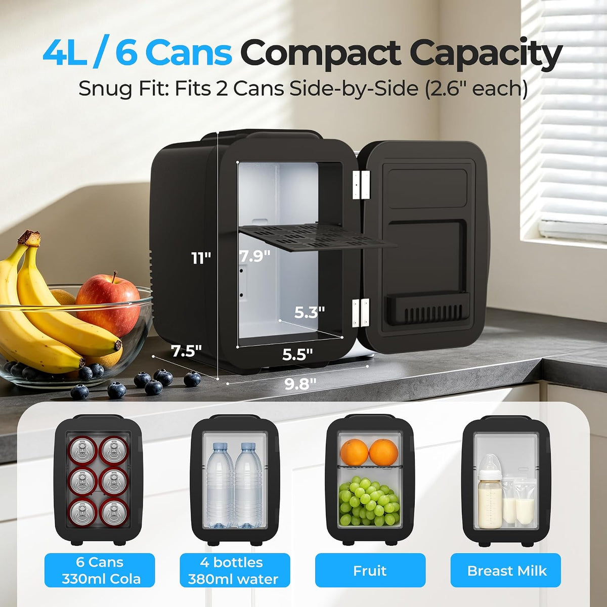 BEICHEN Mini Fridge 4 Litre/6 Cans |AC/USB| for Home Car,Ultra-Quiet <25dB