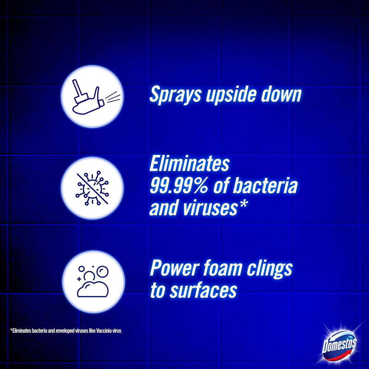 Domestos Power Foam Arctic Fresh Toilet & Bathroom Cleaner Spray sprays upside down & eliminates 99.99% of germs* for cleaning inside the toilet & around the bathroom 450 ml