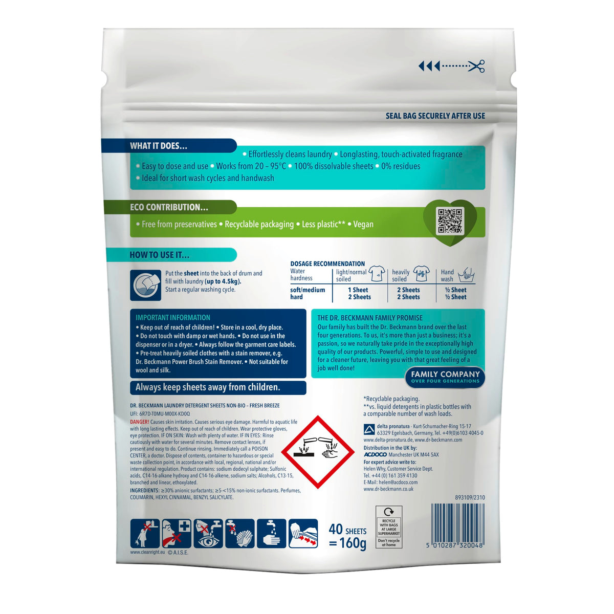 Dr. Beckmann Laundry Detergent Sheets, NON-BIO, Fresh Breeze, 25 Sheets