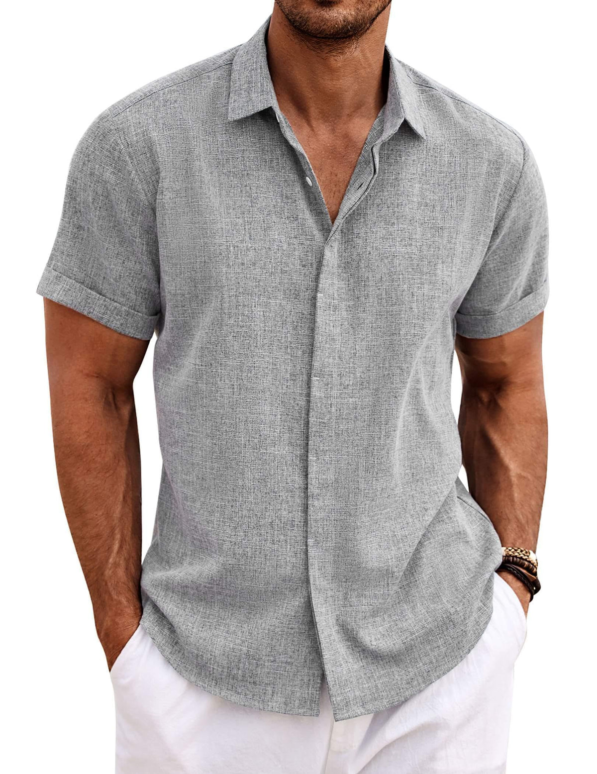 COOFANDY Mens Linen Shirts Short Sleeved Summer Regular Fit Button Down Hawaiian Holiday Tops