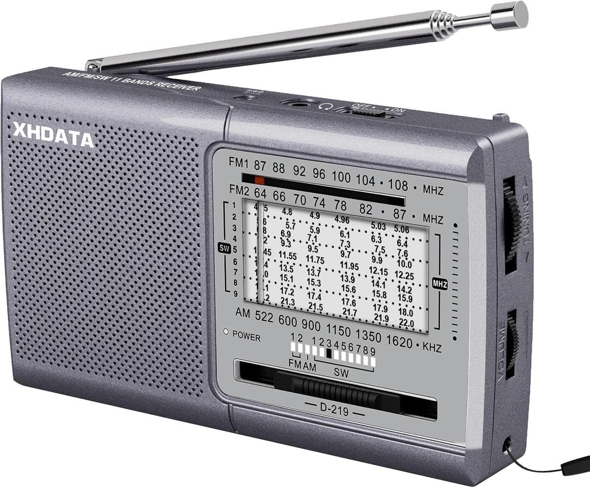 XHDATA D219 Portable Radio Retro FM AM SW Radio Battery Operated for Household Outdoor Camping Hiking Pocket Radio Grey