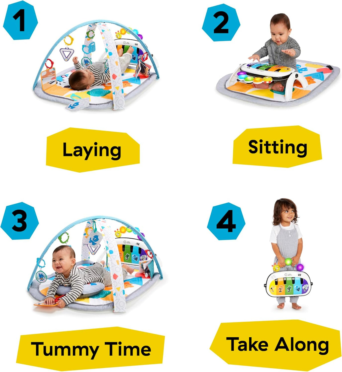 Baby Einstein 4-in-1 Kickin Tunes Play Gym, Tummy Time Baby Play Mat with Kick Piano, Music & Language Discovery, Sensory Toys, Lights & Sounds, for Newborns & Up