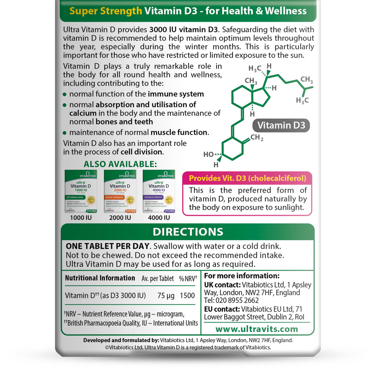 Vitabiotics Ultra Vitamin D3 1000IU, Vitamin D3 Tablets, 96 Tablets