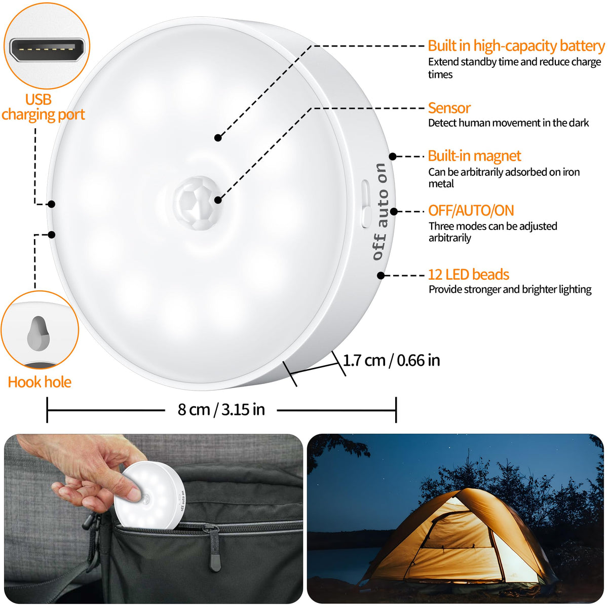 daphomeu Motion Sensor Lights Indoor,6 Pack Wireless USB Rechargeable Cupboard Lights,Stick on Wall Night Light,Battery Operated for Stair Wardrobe Corridors Closet Under Cabinet Kitchen Puck Lights