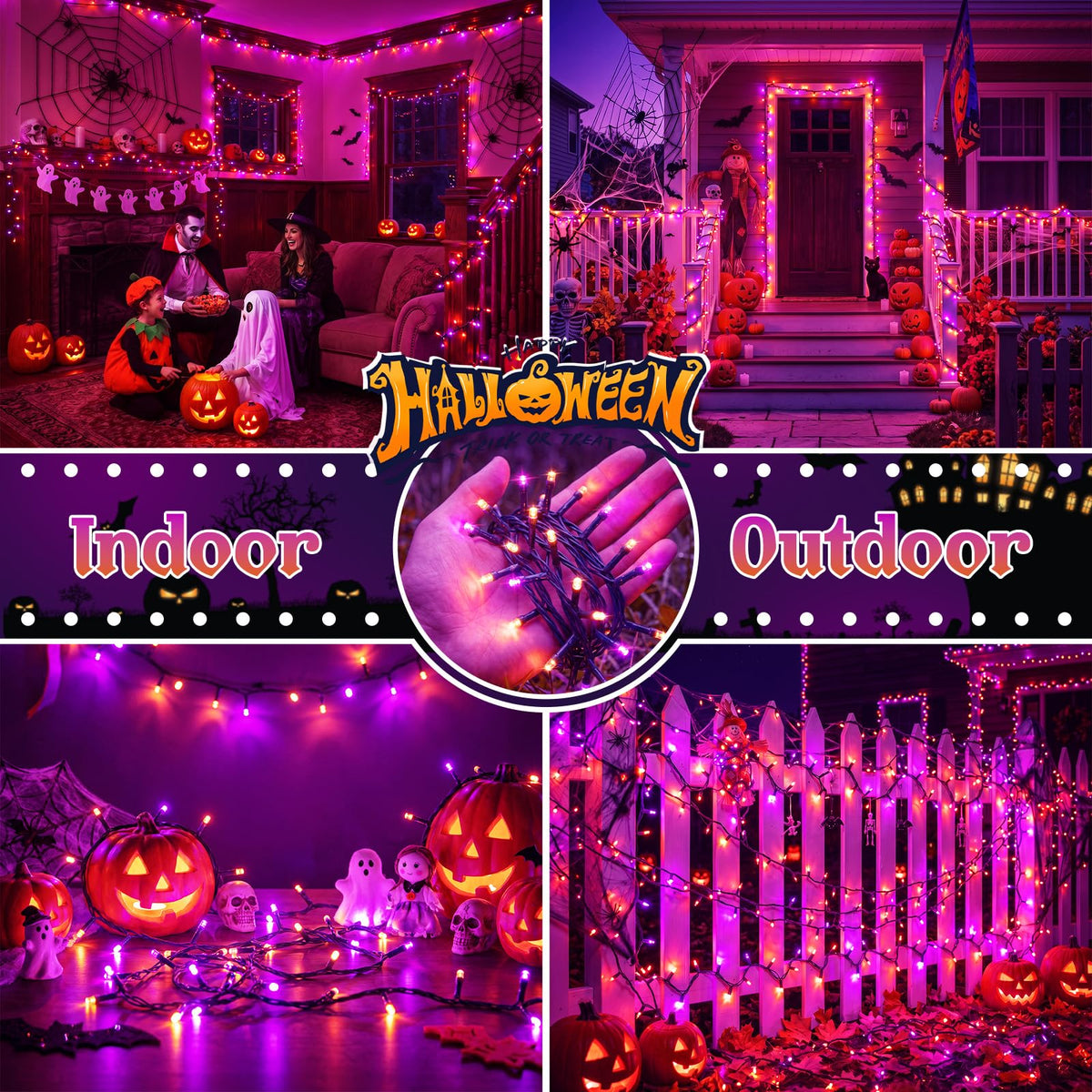 Halloween Lights Outdoor Remote,Orange Purple Fairy Light Battery Operated